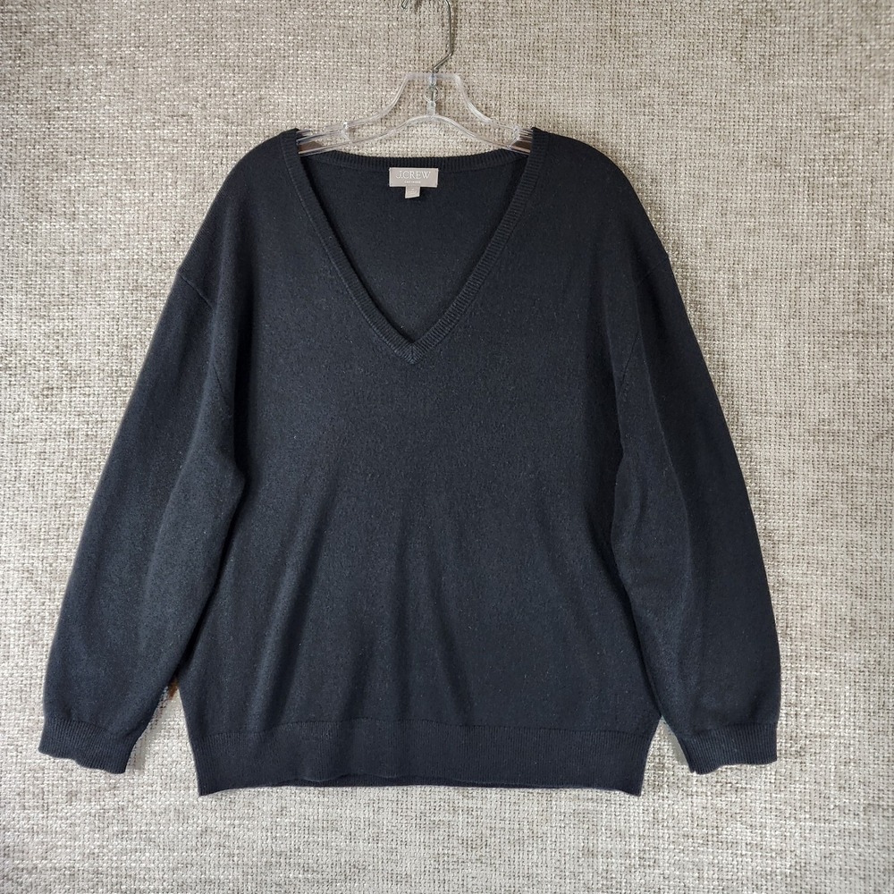 J.Crew V-Neck Cashmere Sweater Womens M Black Oversized 3/4 Sleeve Comfy